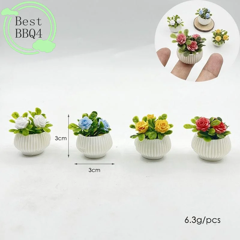 (BBQ4)1Pcs Doll House Living Room Scene Decoration Mini Rose Plant Potted Plants Model Miniature Landscape Handicrafts