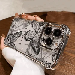 Black Beautiful Butterfly Plating Phone Case For iPhone 16 15 14 13 12 11 Pro Max X XR XSMax 7 8 6 Plus Anti-Fall Airabag Back