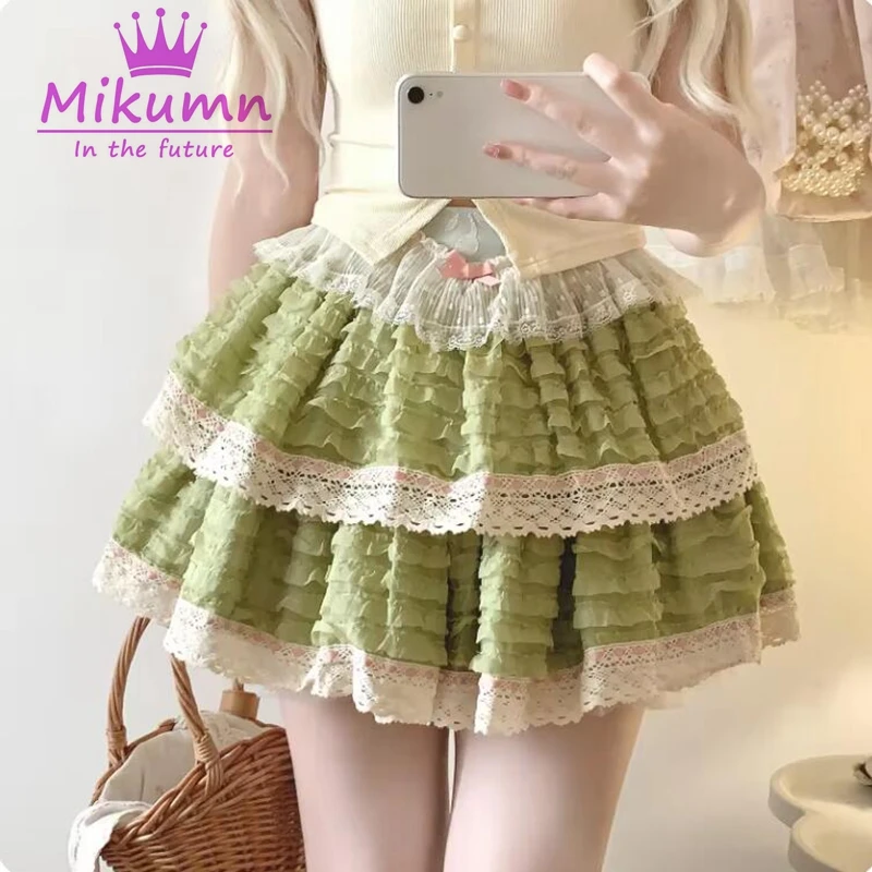 Mikumn Japanese Kawaii Lolita Skirt Women Y2k Sweet Bow Lace Ruffles Pleated Cake Skirt Harajuku Girls Cute A-line Mini Skirts