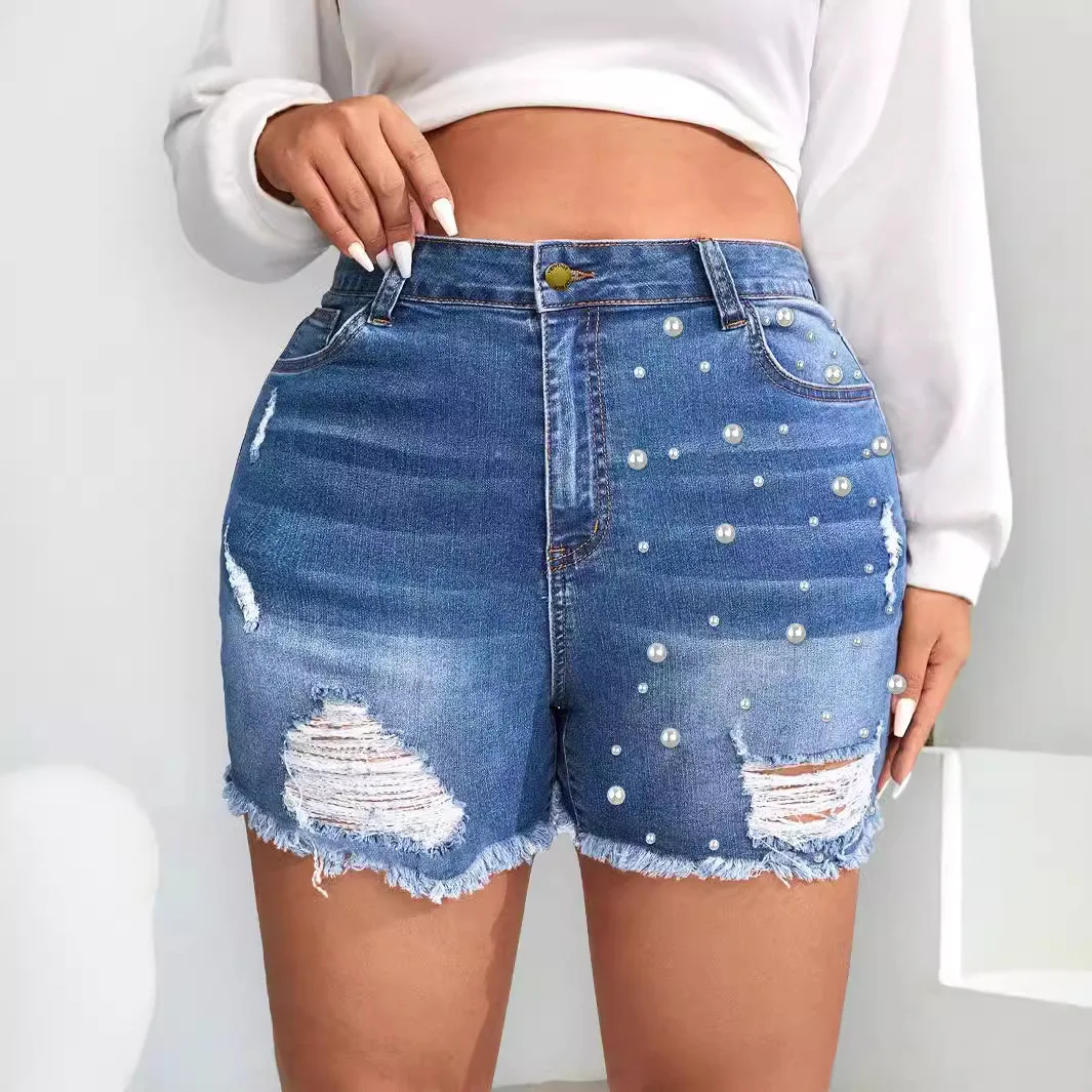 women's pearl beads ripped rough edge denim shorts hot pants