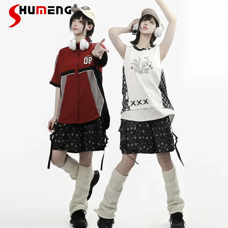 

Japanese Y2k Casual Star Denim Short Pants Baseball Short Sleeves Plaid Slim Fit Camisole Pullover Top 2 Pieces Outfit For Women