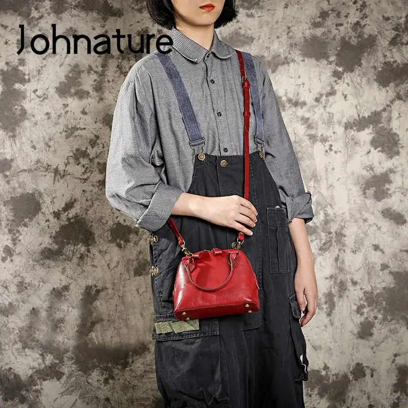 Johnature Genuine Leather Women Shell Bag 2024 New Versatile Solid Color Natural Real Cowhide Handbag Simple Small Shoulder Bags