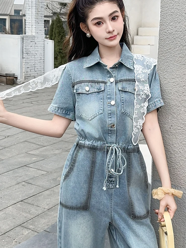 Mono de Mezclilla de Verano para Mujer, Informal, de Cintura Alta, Pierna Recta, Mezcla de Algodón, Estilo Coreano