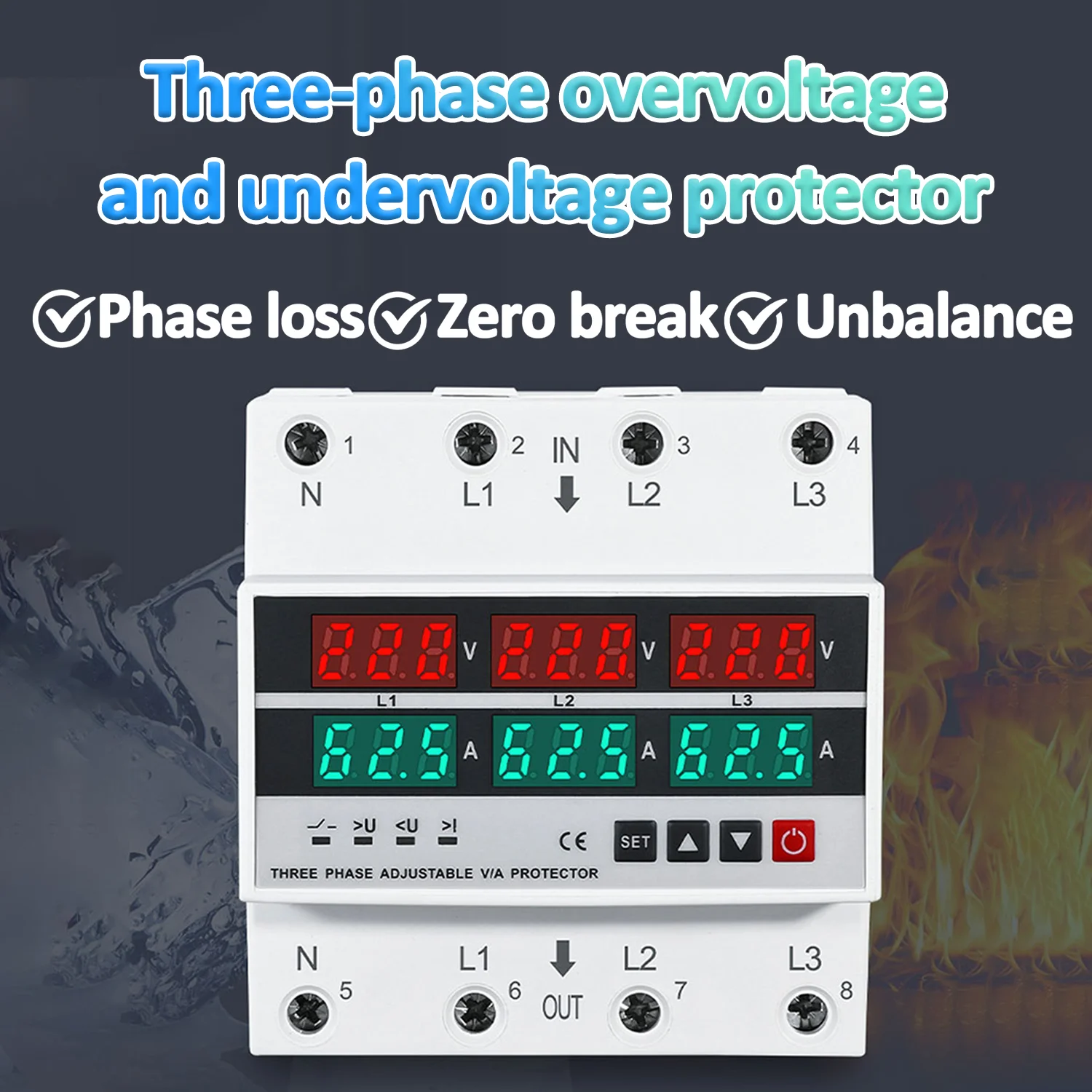 

3Phase Din Rail adjustable Over Under Voltage Protector 63A/100A Current Protection Digital Voltmeter Ammeter Power Erengy Meter