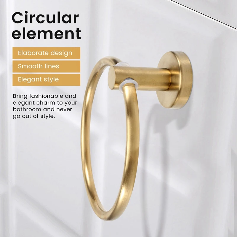 Aço inoxidável Wall-mounted Round Towel Ring Rack, Gold Towel Holder, Rack de banheiro, Acessórios de armazenamento de cozinha
