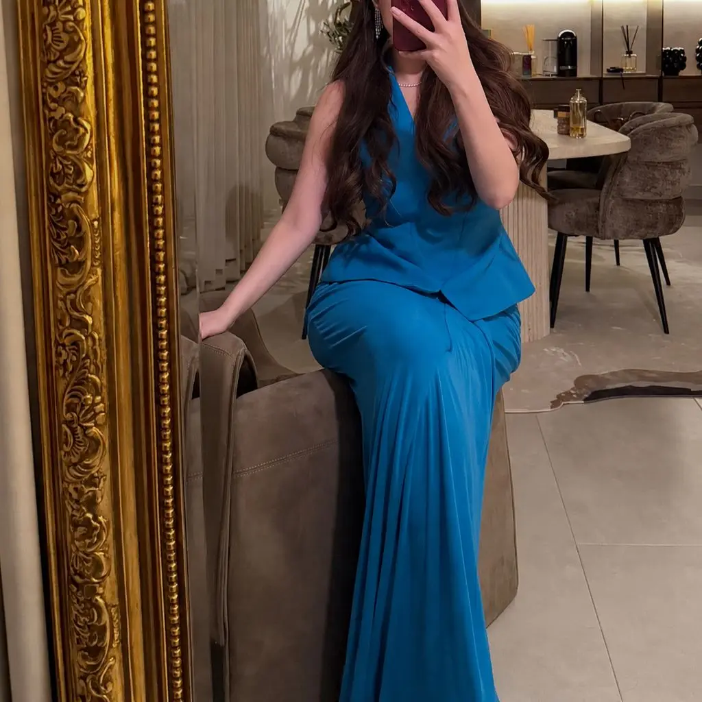 SESSRYMNIR Women'S Formal Evening Gowns Customize Deep V-Neck Blue A-Line Evening Dresses Floor-Length Ruffle Zipper Up Sleevele