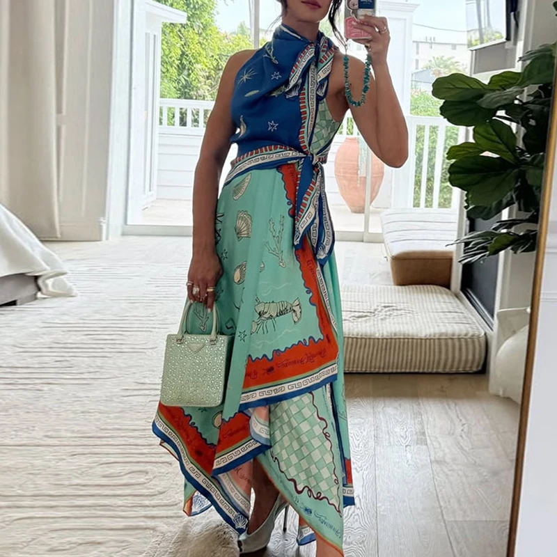 Vintage patroon bedrukte onregelmatige lange jurk zomervakantie mouwloze feestjurk elegante nep tweedelige geplooide satijnen jurk