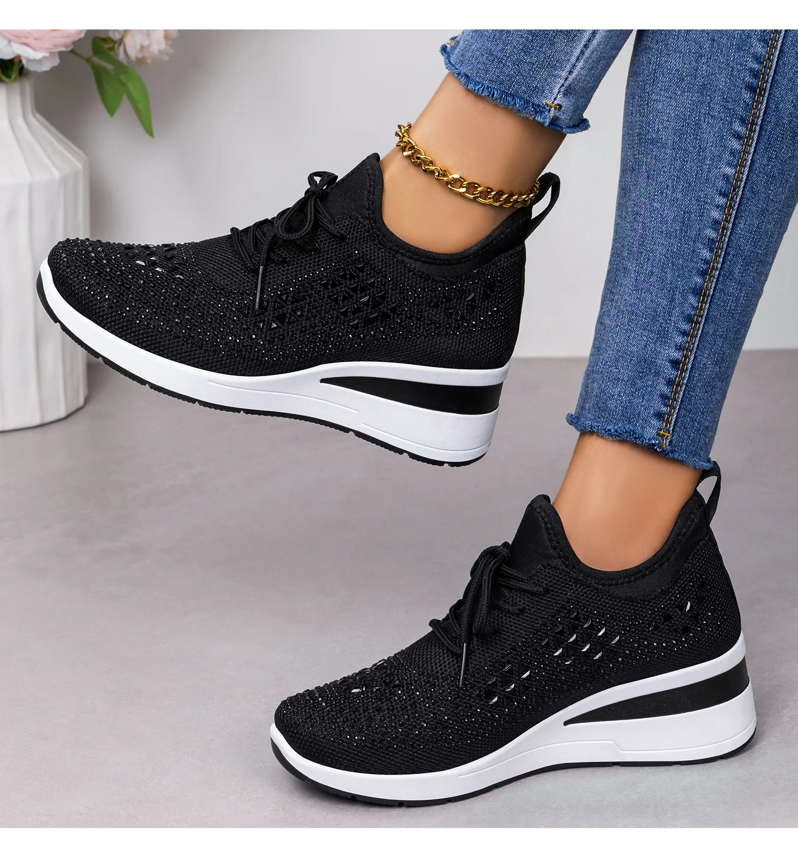 Damen-Sneaker mit Strass-Keilabsatz, atmungsaktives Strickobermaterial, versteckter Absatz, Schnürung, modische Plateau-Walkingschuhe – Detail 11