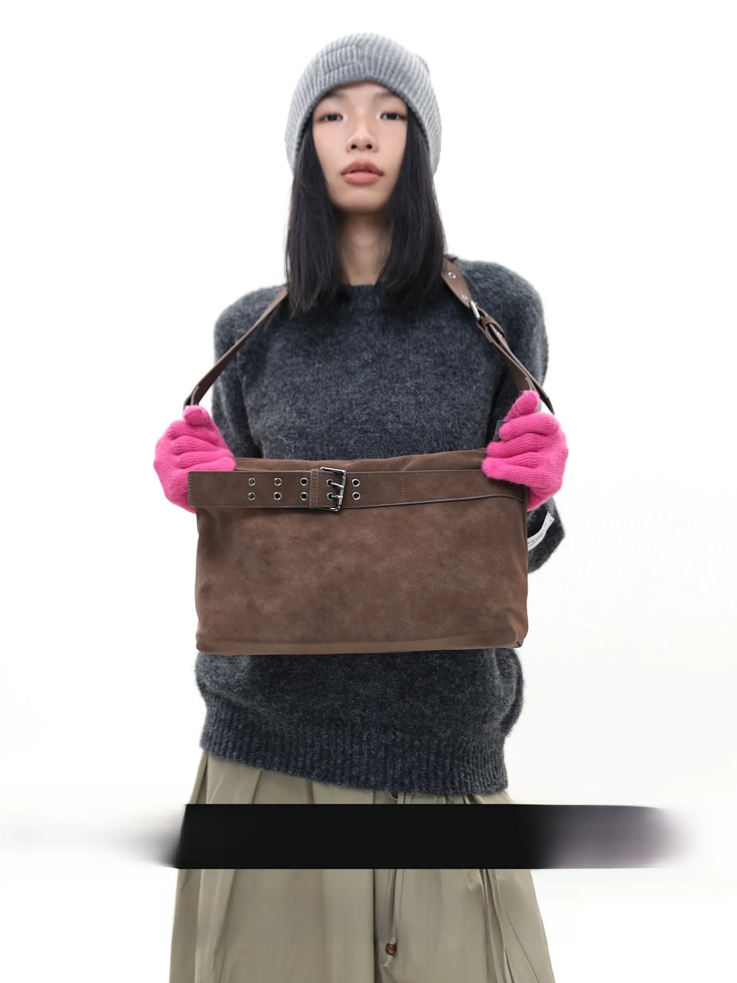 

JANDRESS Original Design Small Muken Suede Brown Belt Large Capacity Commuter Single Shoulder Crossbody Tote Hobo Bag