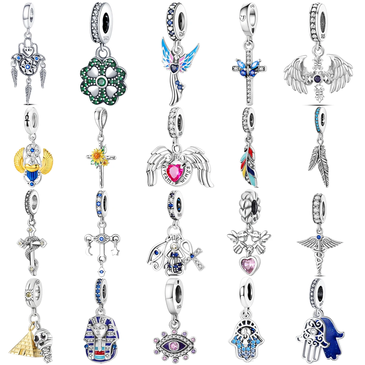 

Original 925 Charms Sterling Silver Cross Pyramid Clover Feather Pendants for Pandora DIY Bracelet Ladies Jewellery Gift