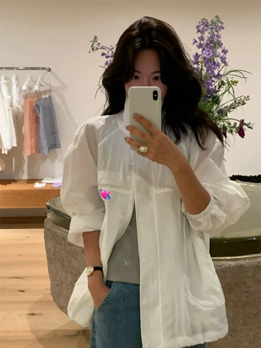 

White Thin Spor Loose Fit Jaet Outerwear PREON Worker Blogger Sle Sun Protection Zipper Closure Long Sve Windbreaker