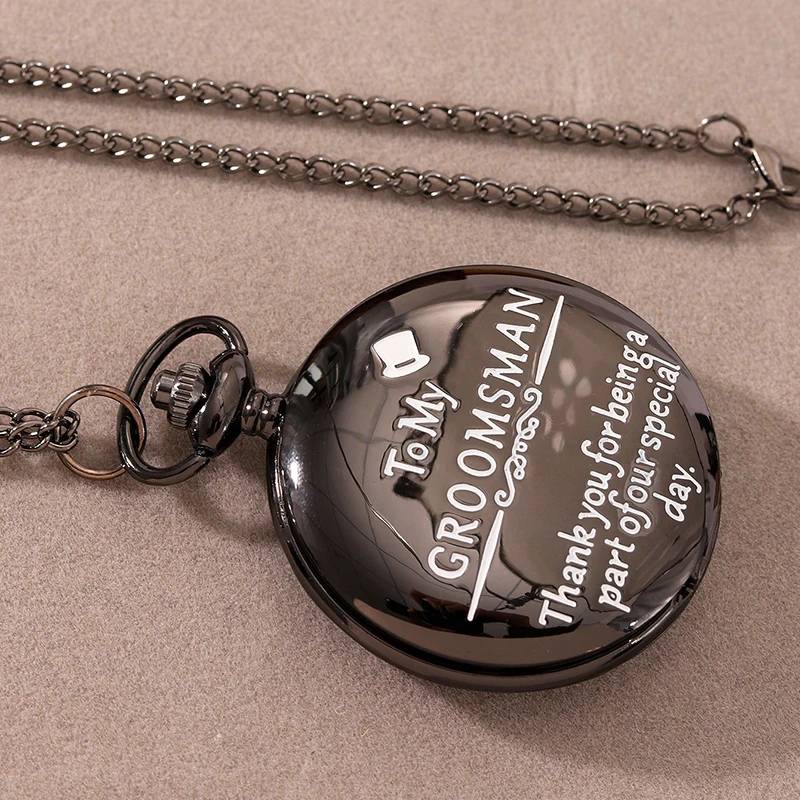 นาฬิกาพกสีดำสุดหรูสำหรับเพื่อนเจ้าบ่าวสามีของฉันนาฬิกาควอตซ์ย้อนยุคแกะสลักจี้นาฬิกาพกแบบย้อนยุค