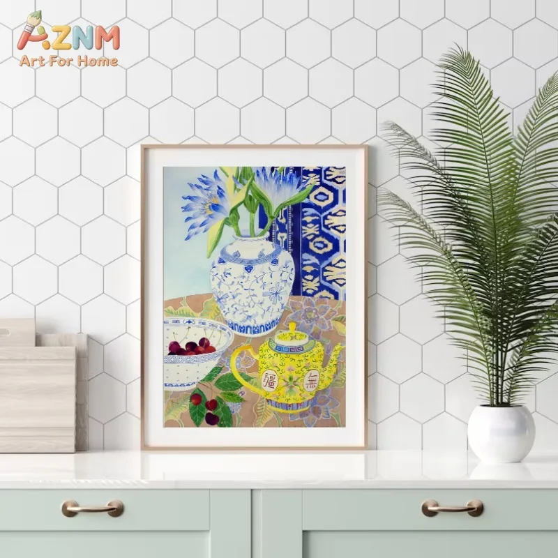AZNM Chinoiserie Blue White Porcelain Vase Floral Canvas Print Oriental Landscape Flower Art Home Living Room Decor Unframed Can