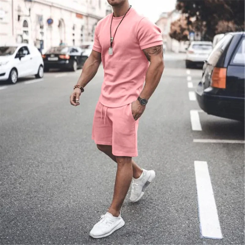 Summer Beach Men\'s Tshirt Set 3D Print Solid Color Men Woman Round Neck T-Shirt Shorts Two Piece Set Casual Man Suits Clothing