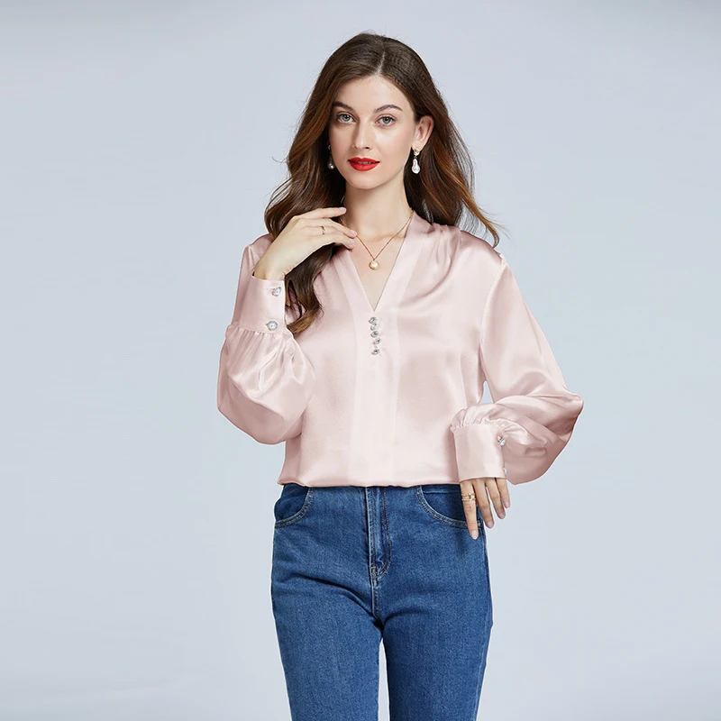 19 Momme V-Neck Long Sleeve Silk Blouse With Diamond Button