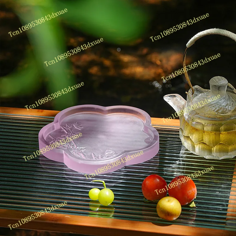 Ancient glazed lost wax method glazed plum flower shape relief bamboo pot bearing tea tray ornament can store water coaster