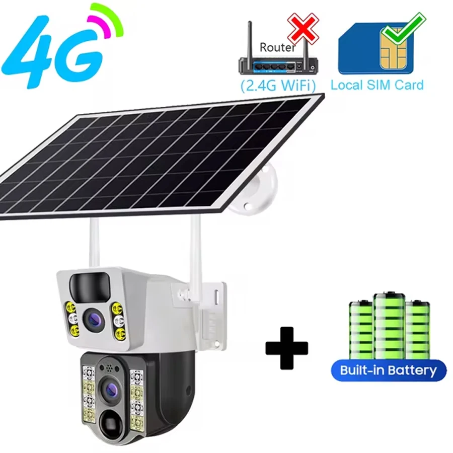 جديد! 4K كاميرا تعمل بالطاقة الشمسية 4G بطاقة SIM عدسة مزدوجة 8MP HD للرؤية الليلية IP CCTV مراقبة PTZ PIR إنذار كشف الإنسان مقاوم للماء