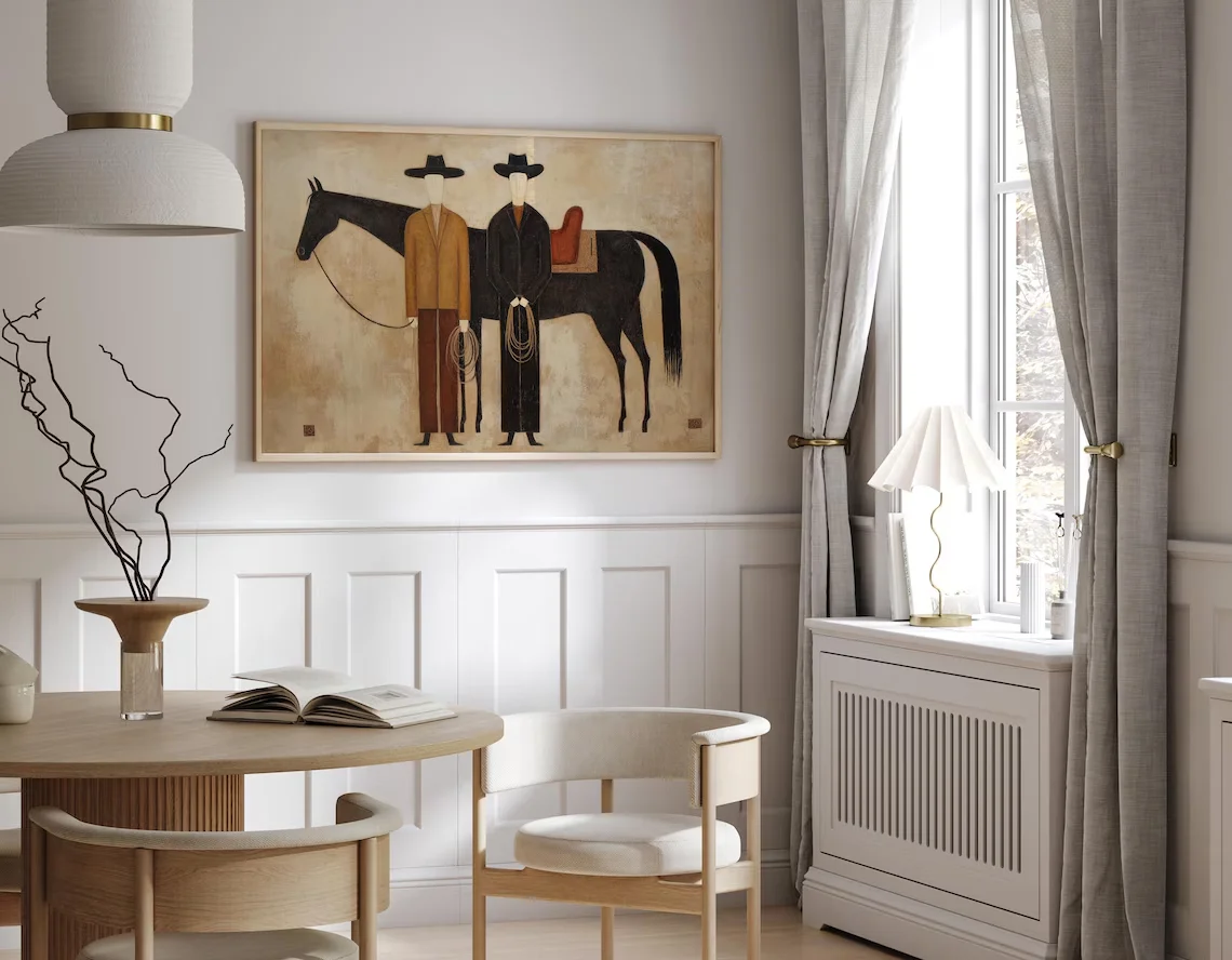 Cowboy Abstract Figurative Horse Oil Painting, Contemporary Japandi Western Wall Art, Western Folk Art, Modern Equestrian Cottag