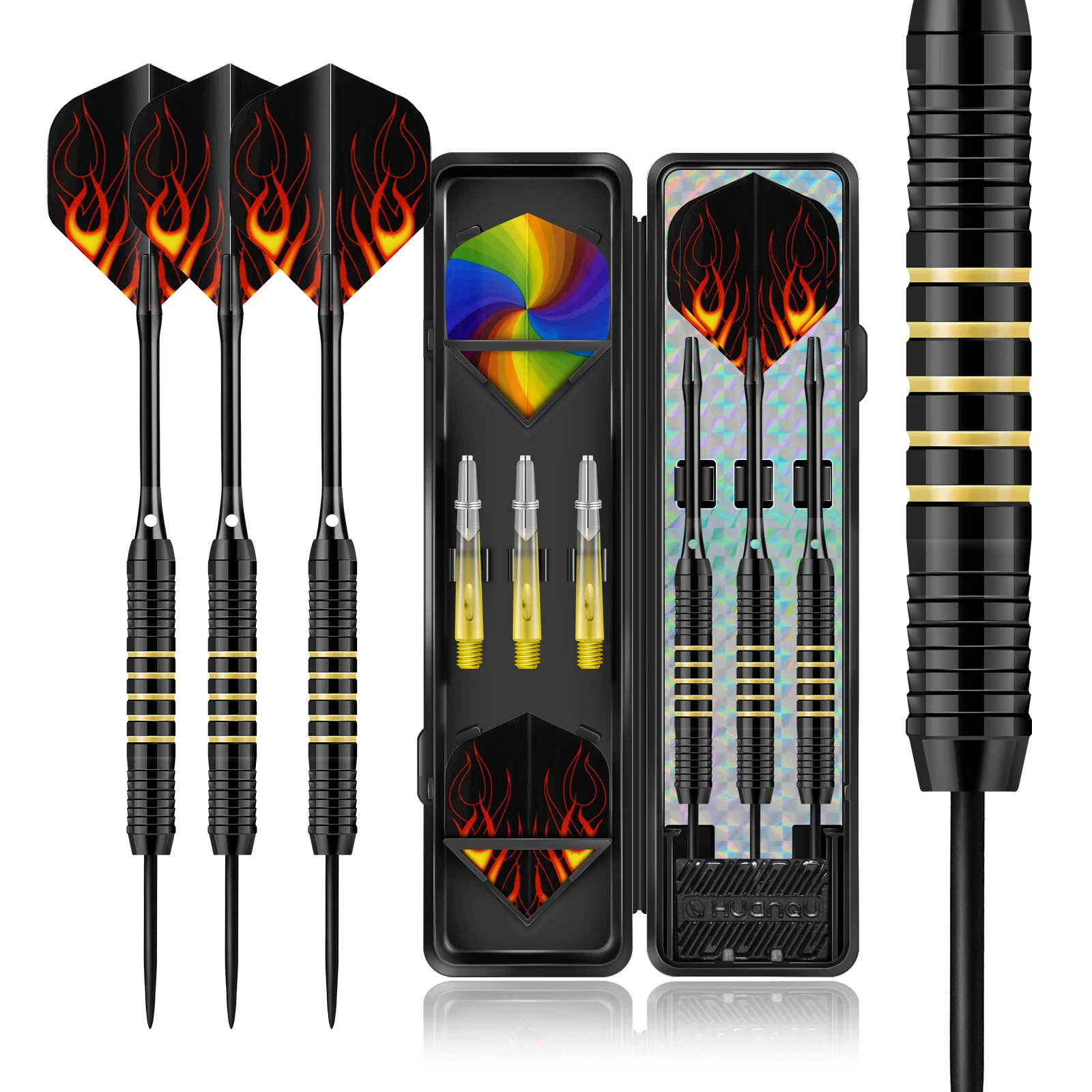 HUANQU 3pcs 24g Iron Darts Set, Professional Hard Darts with Spare Shafts, PET Flights, Sharpening Stone & Case