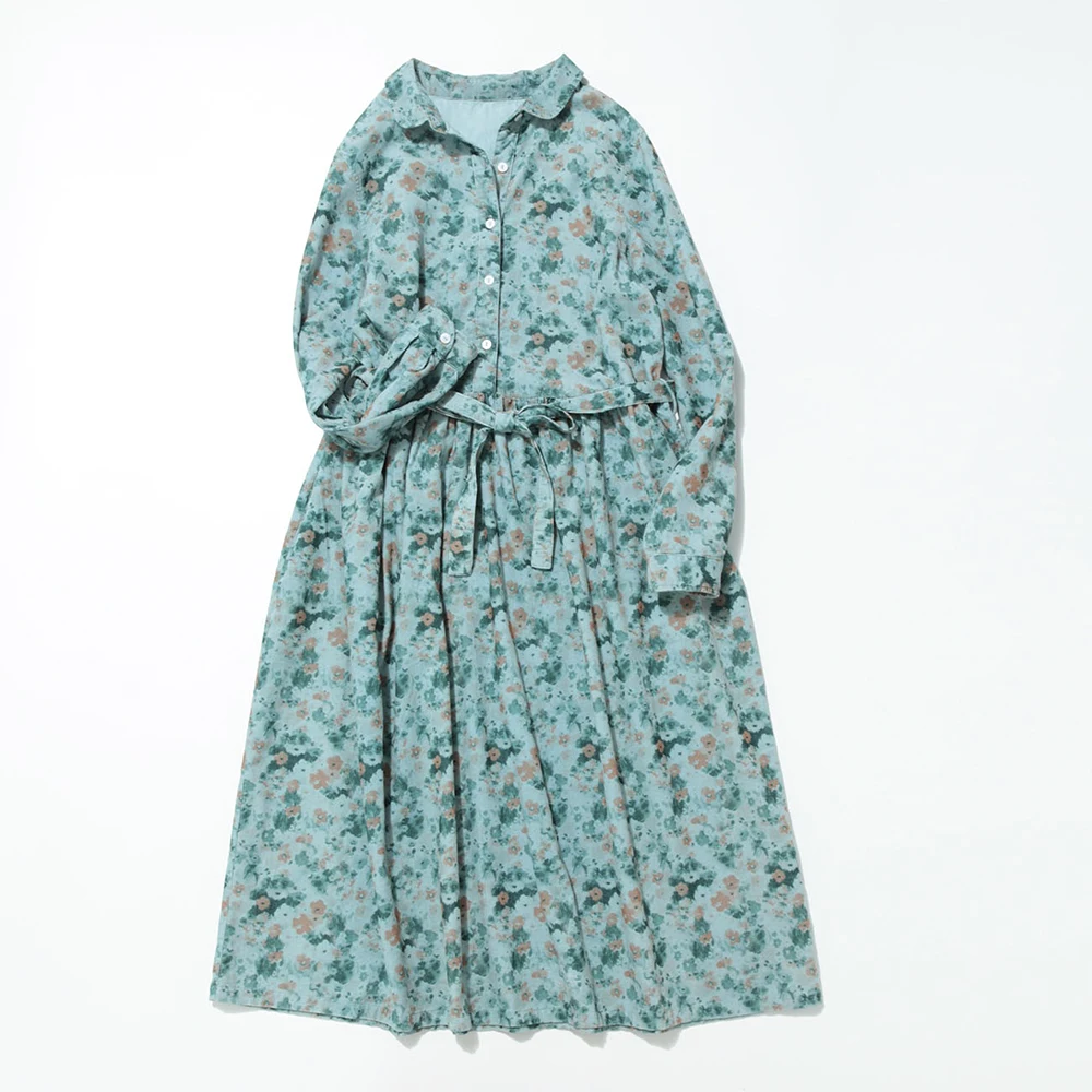 

Spring Autumn Women Basics Loose Plus Size Print Comfortable Natural Breathable Water Washed Cotton Corduroy Long Shirt Dresses