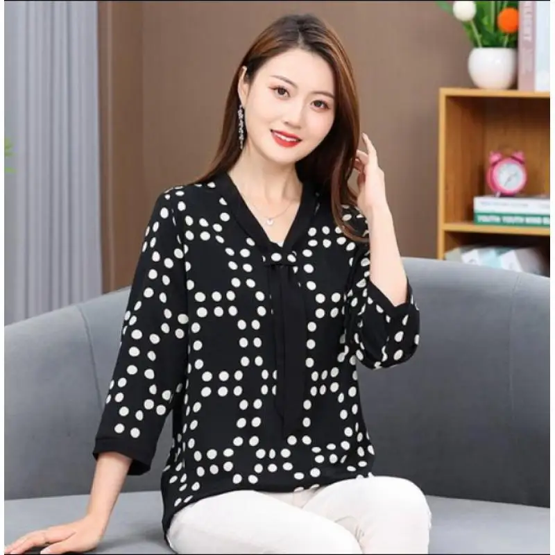 Women\'s Shirt Middle-aged Mother Elegant Summer Lady Shirts Bandage Floral Printed Chiffon Shirt Blouse Women\'s Clothing