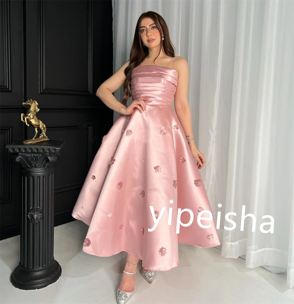 Exquisite Satin Applique Flower Ruched A-line Spaghetti Strap Strapless Midi Dresses Prom Dresses Classic Unisex Elegant