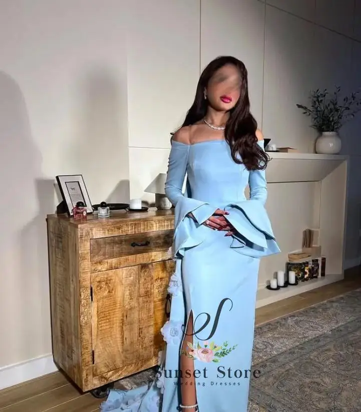 Vestido azul personalizado, garfo alto, comprimento do tornozelo, trem de quadra, robe soirée femme, robe de soirée