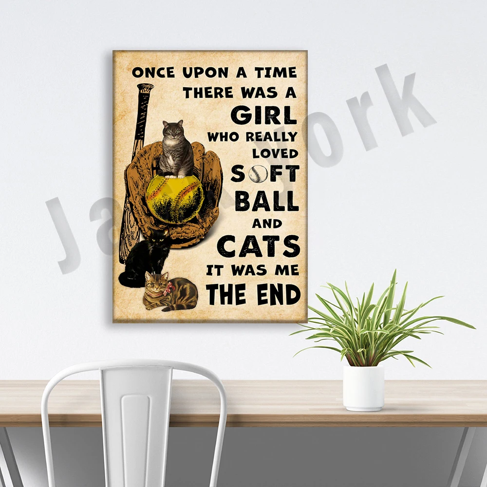 Once upon a time there was a girl who really liked softball and cats retro poster home living decor wall art pictures cat gifts