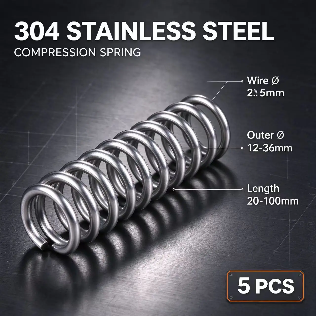 304 Stainless Steel Compression Spring 2.5mm Wire 12-36mm OD 20-100mm Heavy Duty for Machinery Automotive Electronics DIY 5pcs