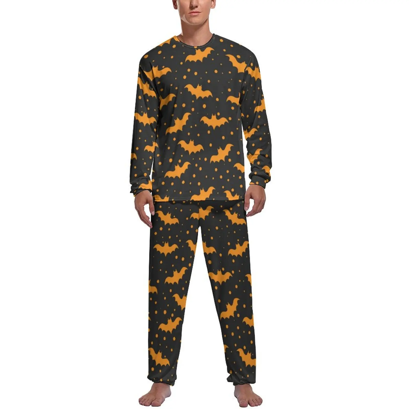 Halloween Bat Pajamas Mens Orange Dots Print Cute Home Suit Spring Long Sleeve 2 Pieces Bedroom Design Pajamas Set