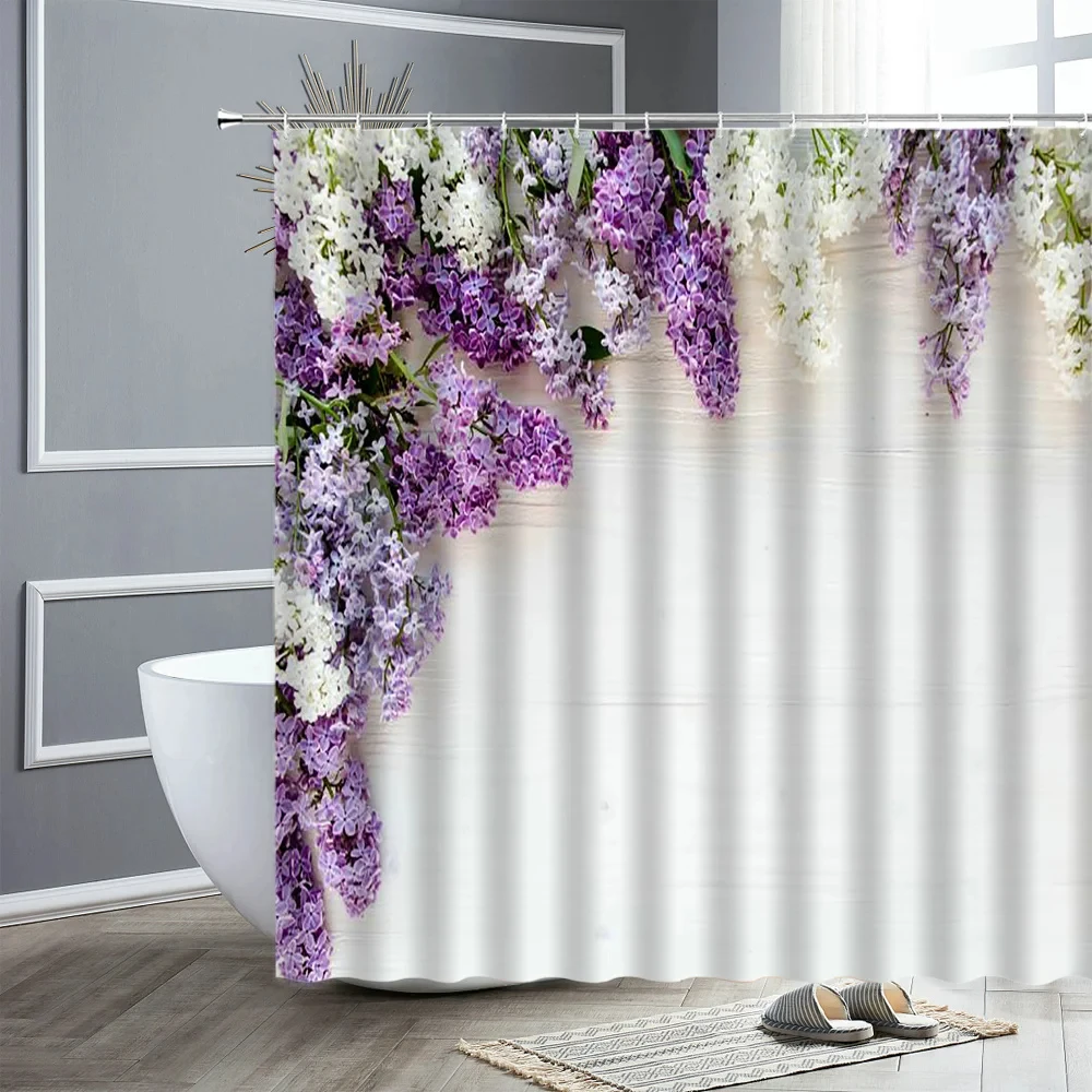 Floral Shower Curtain Set Purple Lavender Pink Rose Simple Flowes Bathroom Decor Polyester Curtains Photography Background Cloth