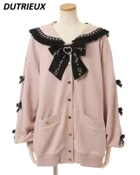 Japanese Sweatshirt Coat Women Sweet Heart Shape Rhinestone Bow Sailor Collar Bow Pink Hoodies Coat Autumn Winter Lolita Clothes