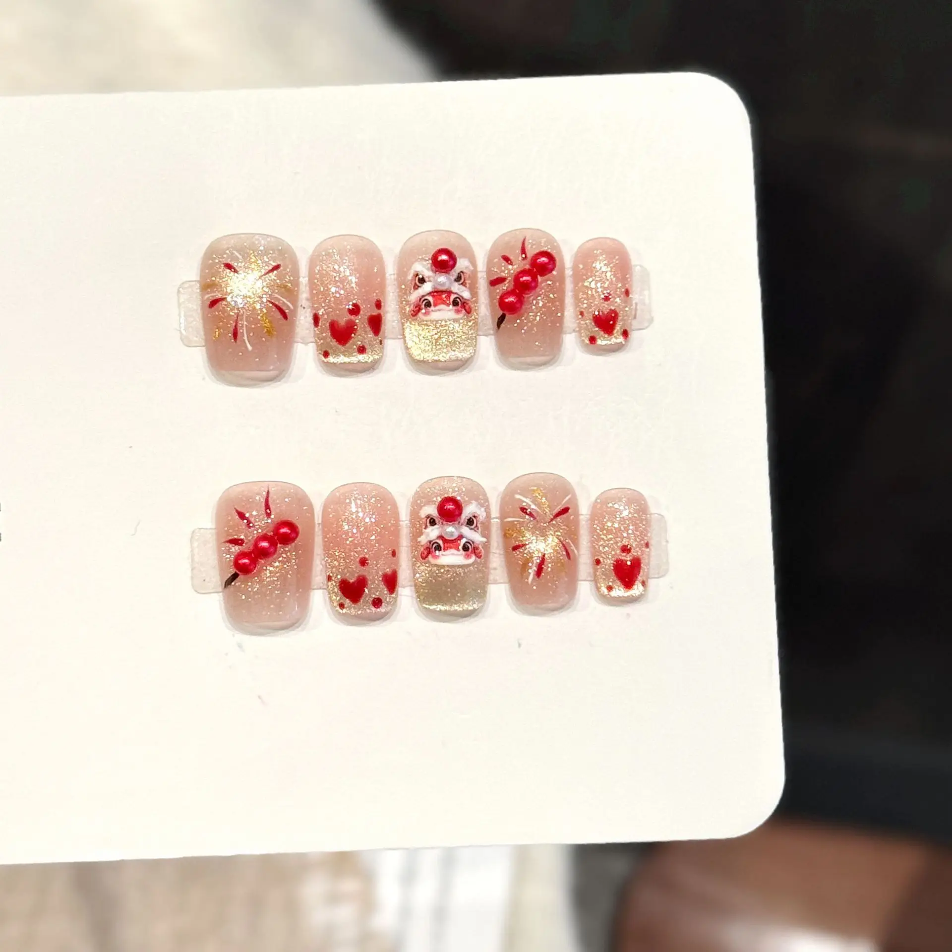 

10 PCS Luxury Handmade Press on Nails Short Square Naked powder Wake lion Design with 3-PIECE Tool Adhesive Nail Glue Tabs