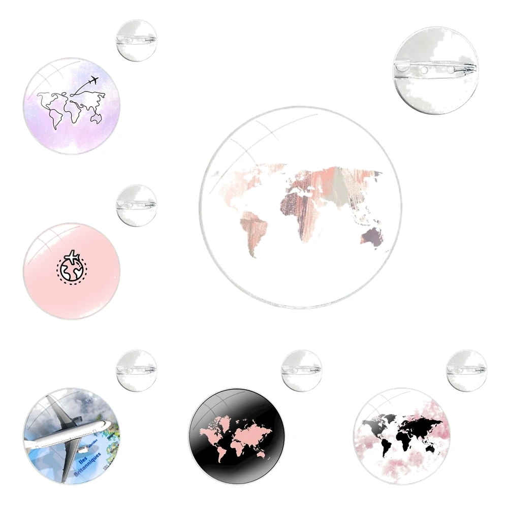 World map airplane travel Glass Dome Brooches Badge Pins For Clothes Hat Shirt Lapel Bag