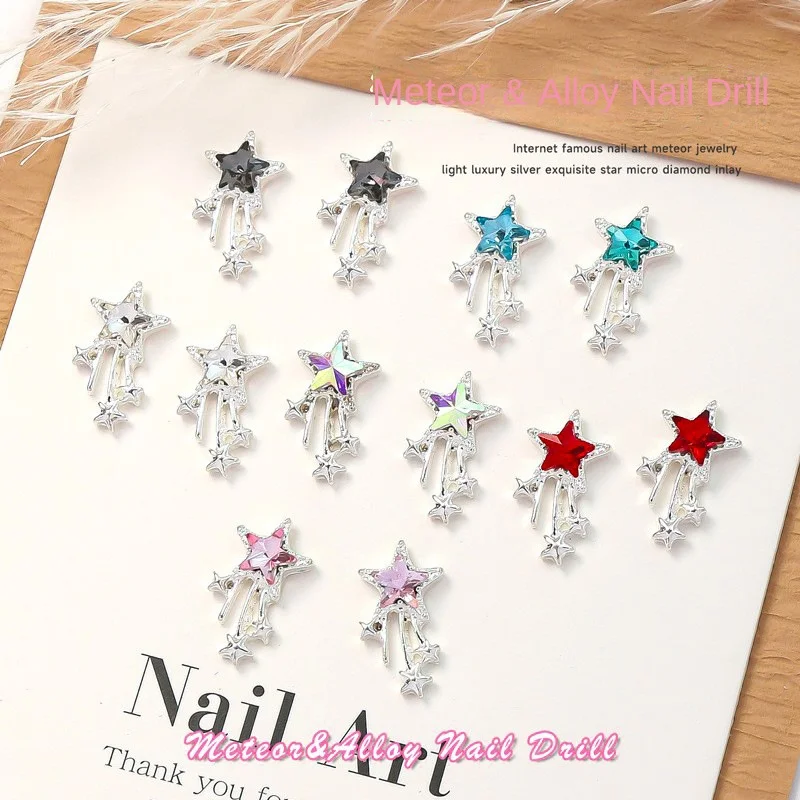 10Pcs Luxury Shooting Star Nail Charms 3D Alloy Rhinestone Meteor Five-Pointed Star Nail Art Decorations for Glamorous Manicures