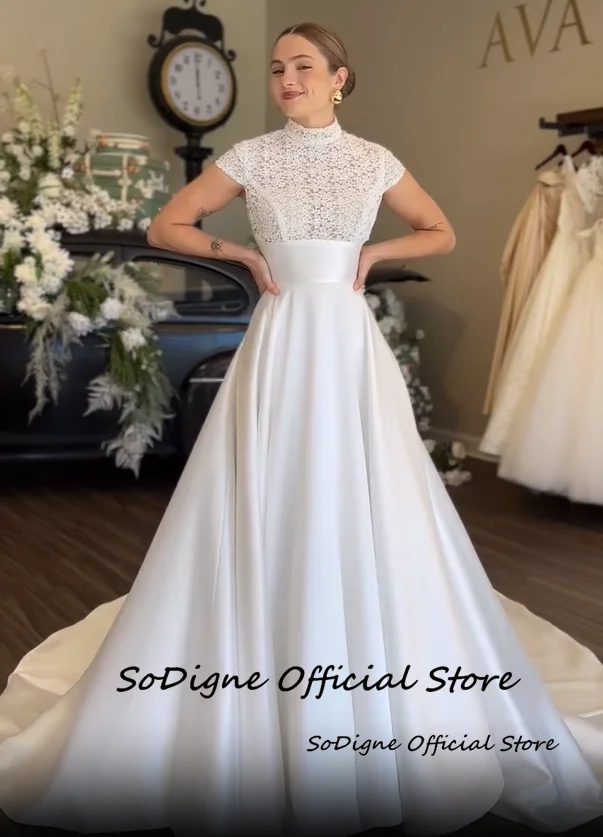 SoDigne A-line Wedding Dresses High Neck Short Sleeves Satin/Lace Bridal Dress Long Wedding Gown Robe De Mairee ﻿Customized