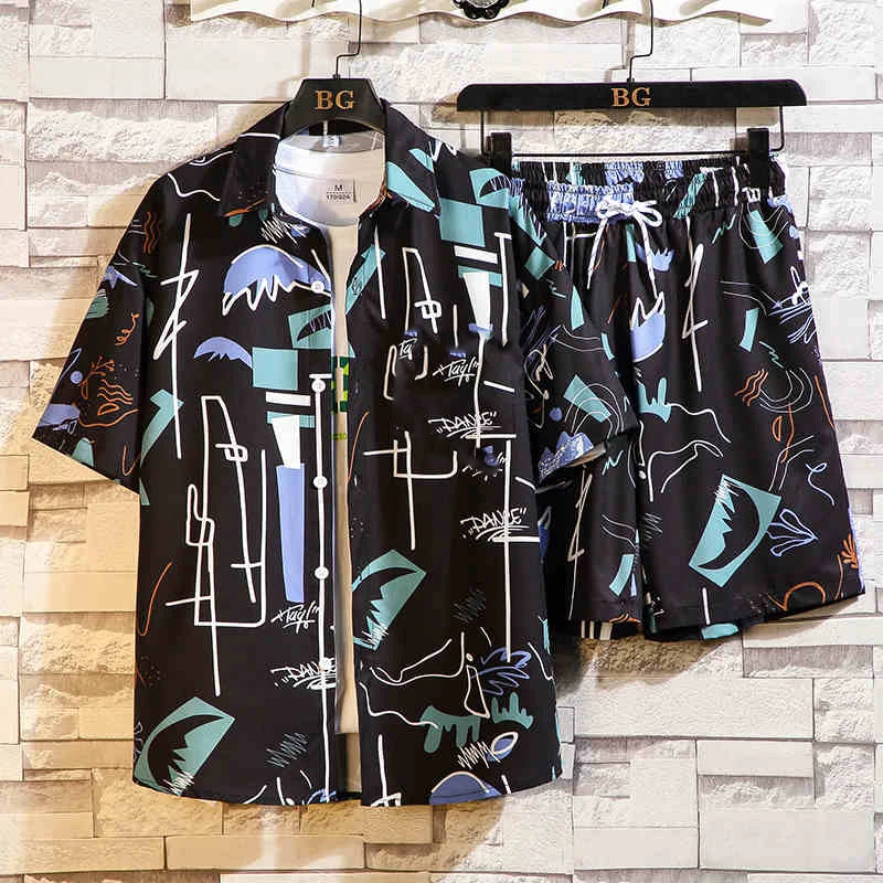 

Summer Fashion Men's Hawaiian Shirt Set Male Casual Colorful Printed Beach Aloha Shirts Short Sleeve Camisa Hawai Hombre Clothin