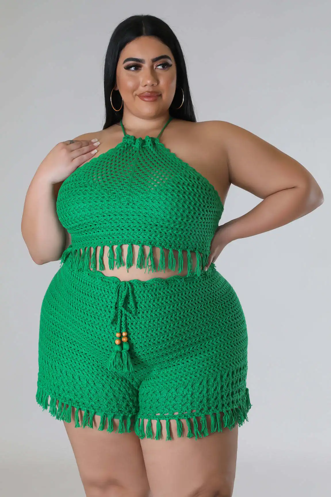 Plus Size Sexy Knitted Tassel Two Piece Set Summer Halter Sleeveless Crop Top Shorts Women Clothings Beach Style Fashion Suits