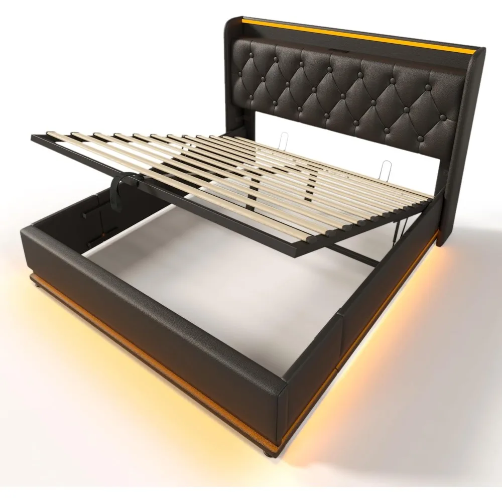 Large Cushioned Lift Storage Bed with Headboard, PU Fabric, Button Tufting, USB Port, and 360 ° Surround LED Design, Black