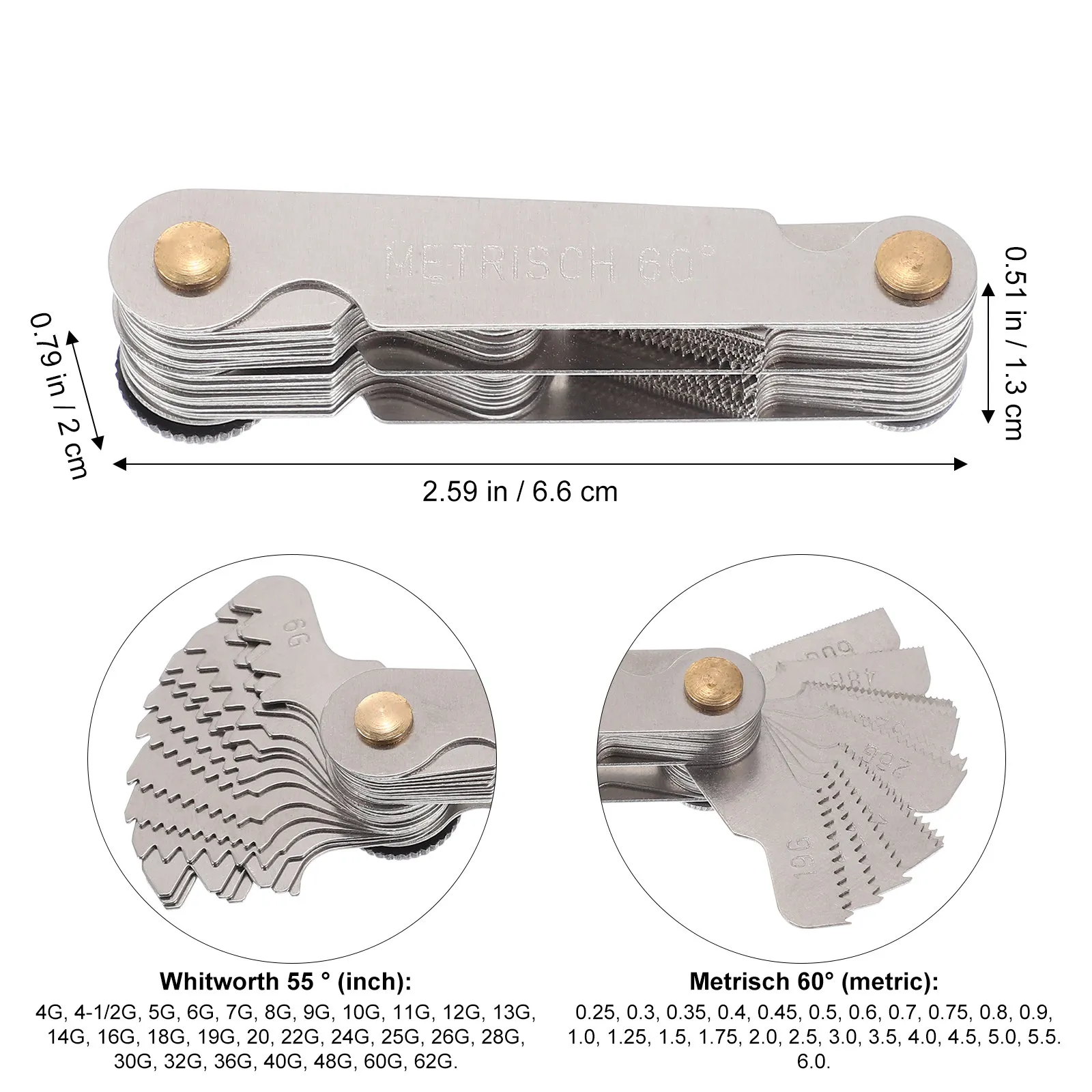 Stainless Steel Thread Pitch Gauge Professional Metric Inch Screw Measuring Tool for Lathe Cutting Angle and External Internal