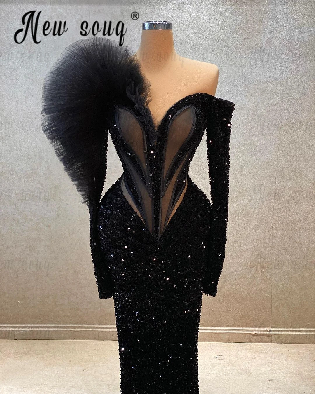 5 Designs Arabic Elegant Black Beaded Sequin Evening Dresses Long Sleeve Formal Prom Party Dresses for Women Wedding 2024 Custom