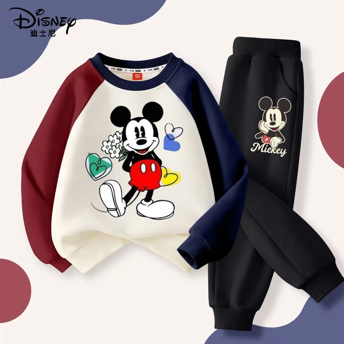 

Осенний комплект одежды Disney для маленьких мальчиков, детские толстовки с принтом Микки, пуловер, топ и штаны, костюм из 2 предметов, детский лоскутный наряд для мальчиков