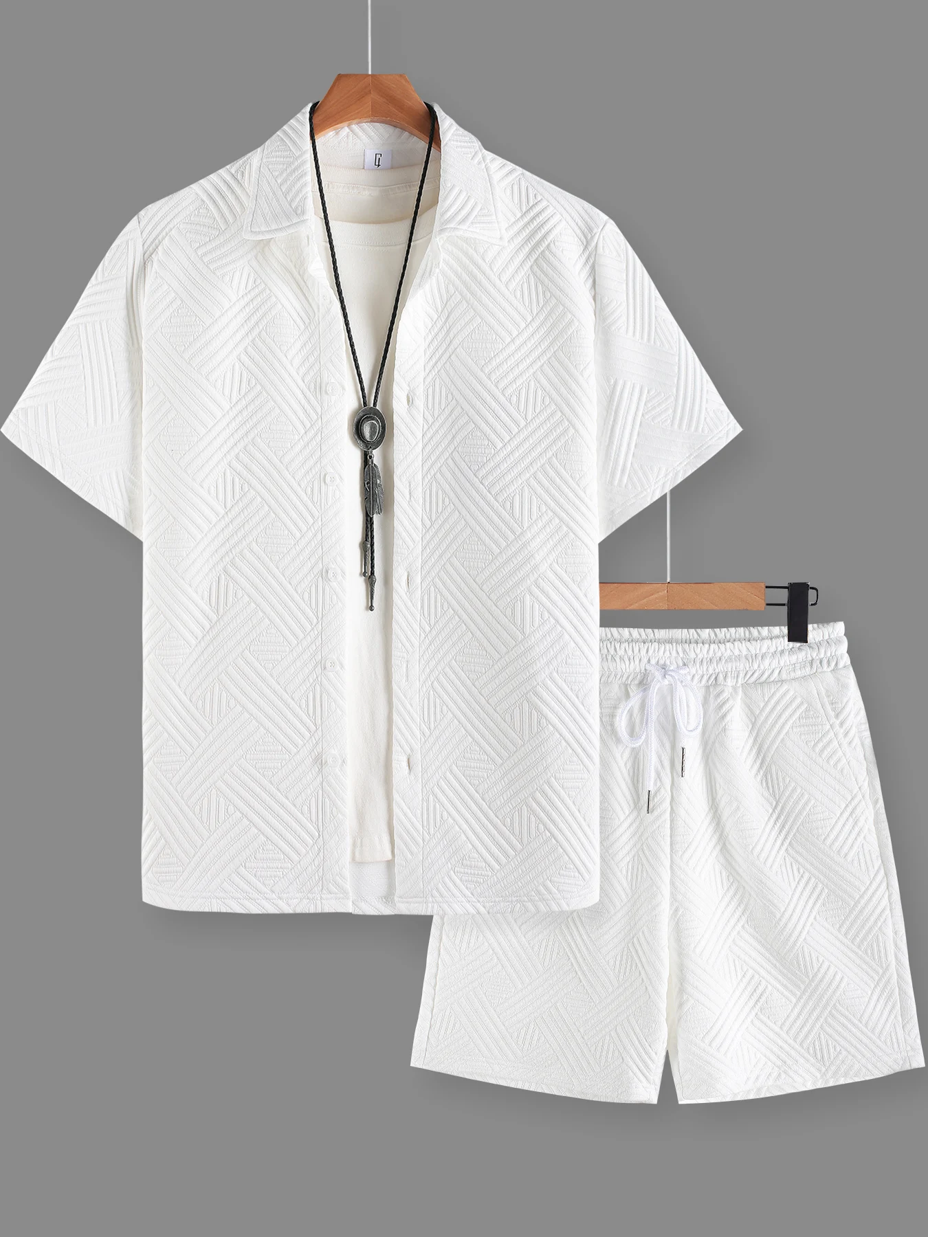 Men's Korean Luxury Textured Set, 3D Embossed Shirt & Matching Shorts, Loungewear