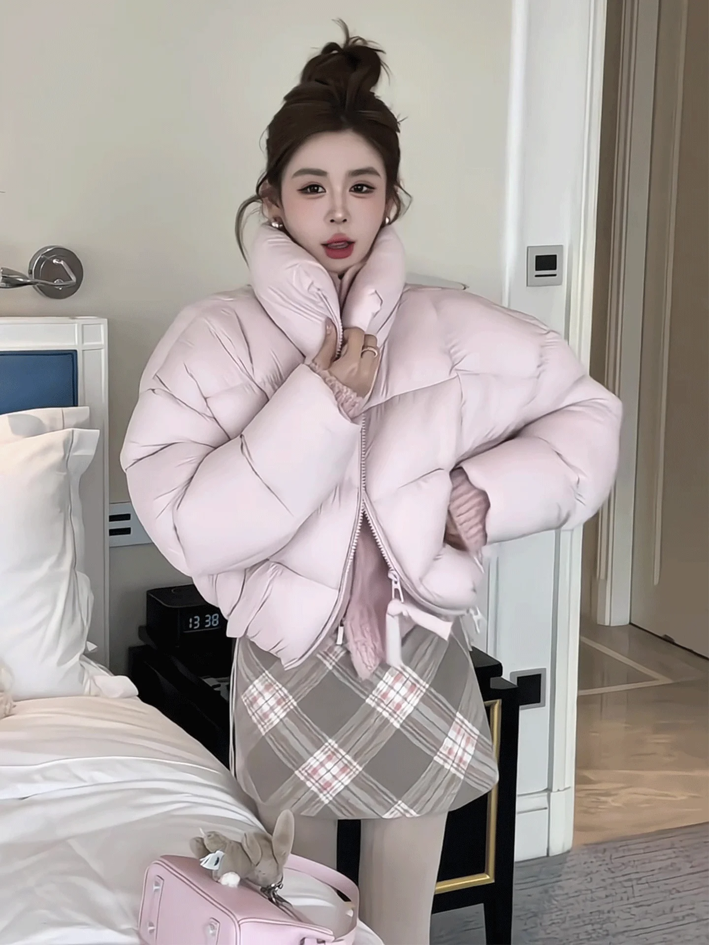 

Korean Sle ort Puffer Jaet Women's Winter Thi Outerwear Bread ape Pink Fluffy Du down Coat Ele Loose Fit