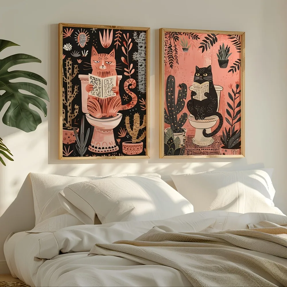 2pcs frameless Canvas Painting A Set of 2 Funny Bathroom Cats Reading Newspaper Printing,Animal Toilet Wall Art,Retro Bathroom W