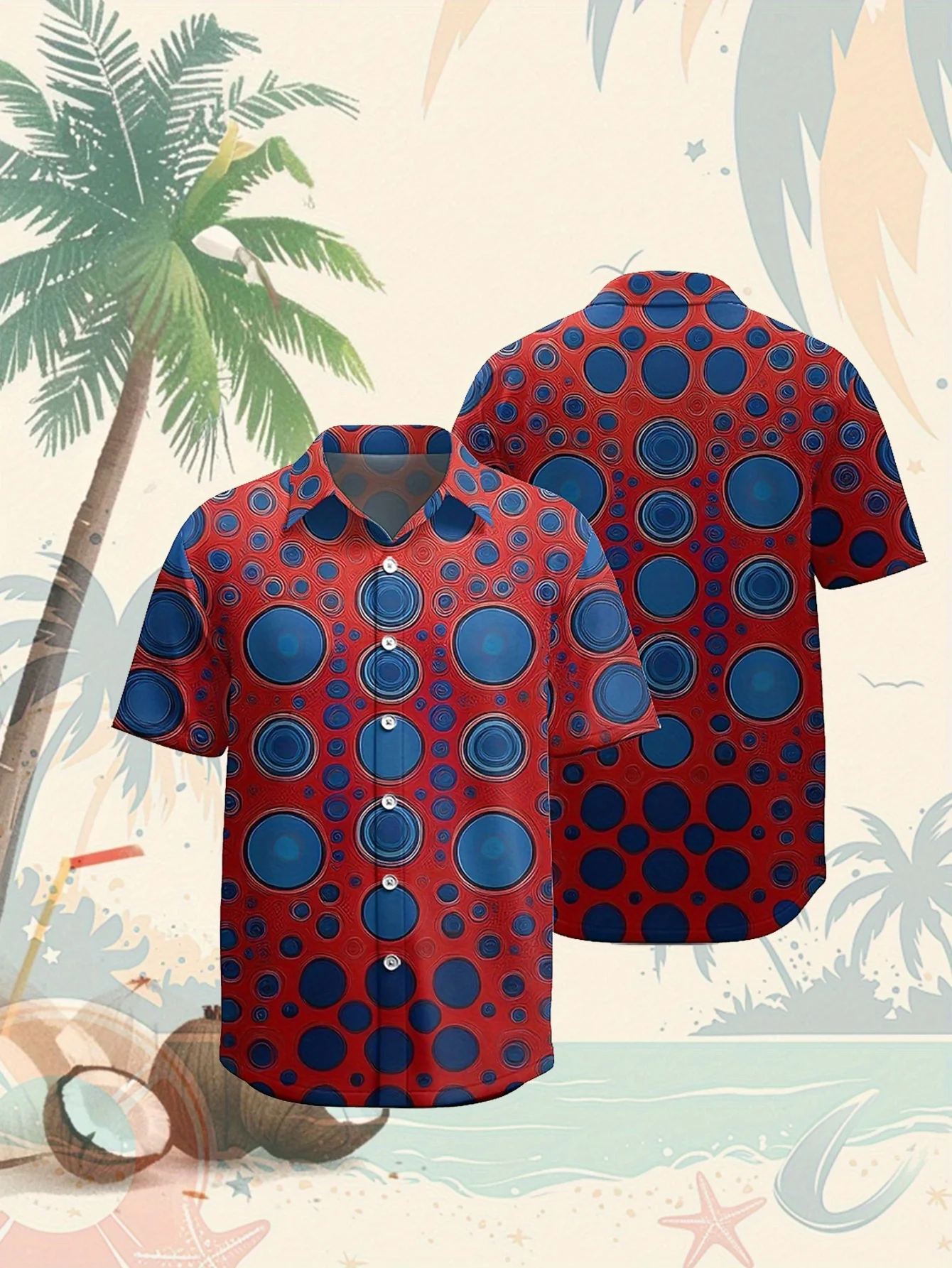 

Men's Large Hawaiian Print Button- Shirt - Short Sleeve Casual Summer Shirt With Red & Blue Circle Pattern, Relaxed Fit, Breatha