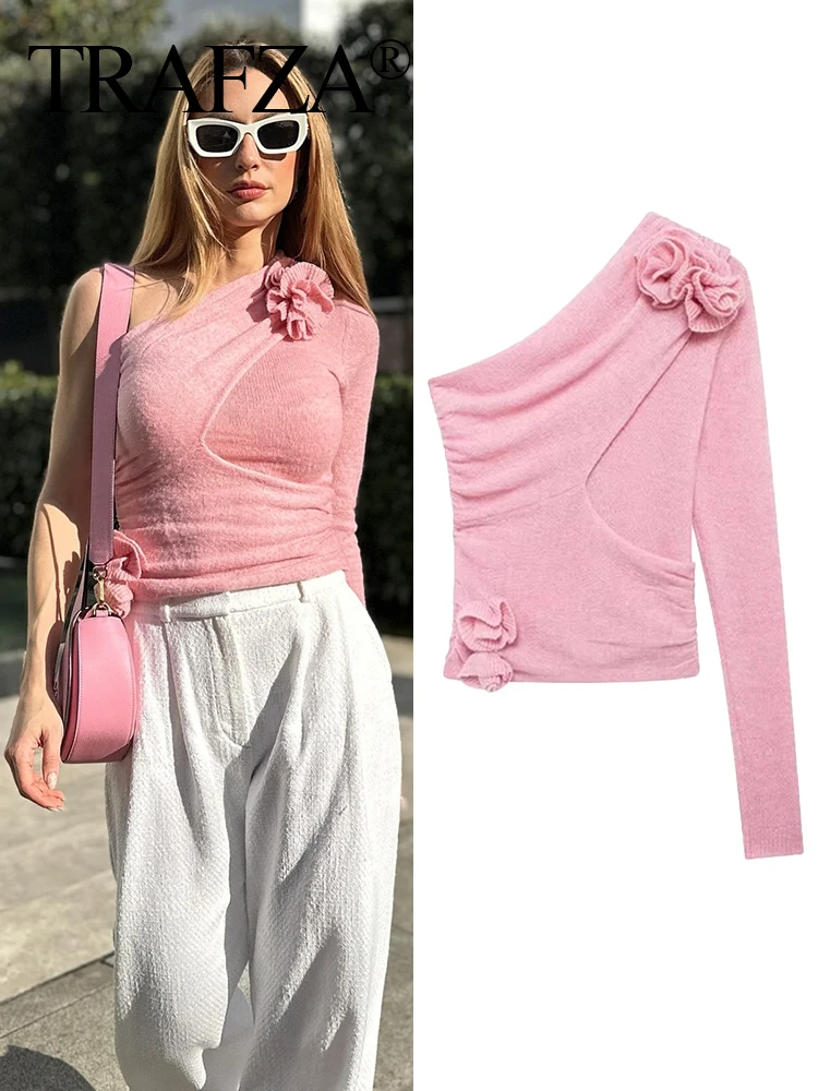 

TRAFZA Autumn Knitted Top Woman Trendy Pink Slant Collar One Shoulder Long Sleeve Appliques Decoration Female Asymmetrical Top