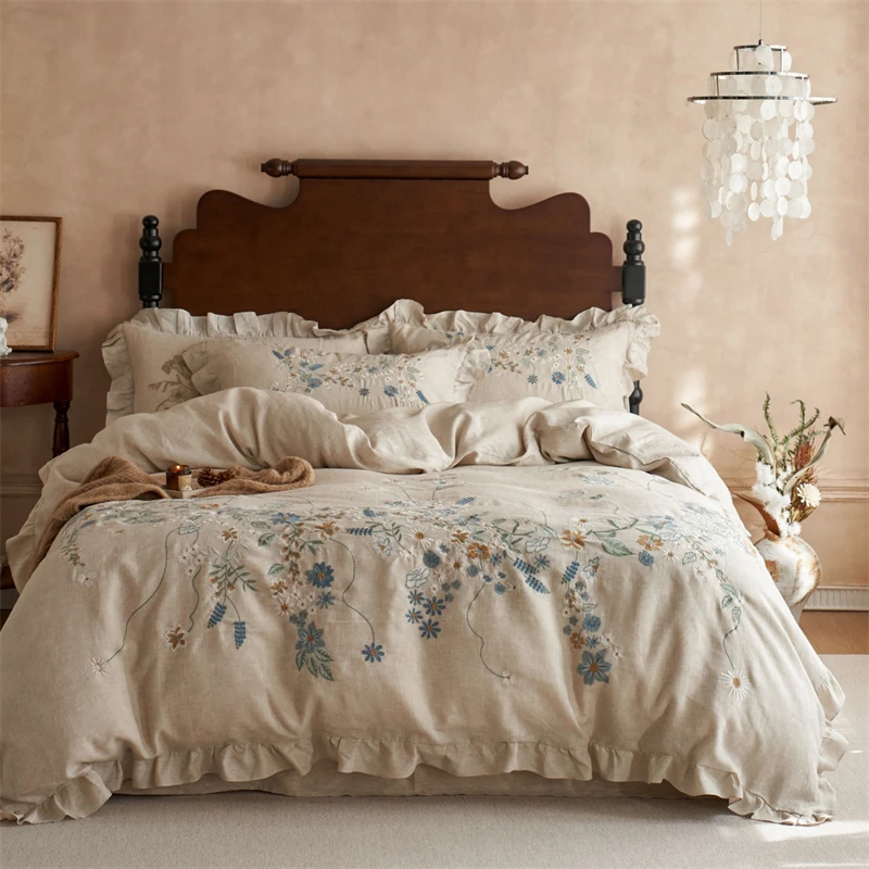 

100% Pure Linen Vintage Flowers Embroidery Ruffles Luxury Bedding Set Natural Flax Duvet Cover With Bed Sheet Pillowcases 4Pcs