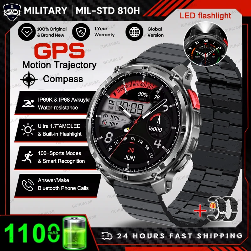 2026 HOT Nieuwe Sport Smartwatch 1100mAh Grote Batterij Duurzaam Kompas 10ATM Waterdicht Tactisch 170+ Sporten BT Oproep Smartwatch Heren
