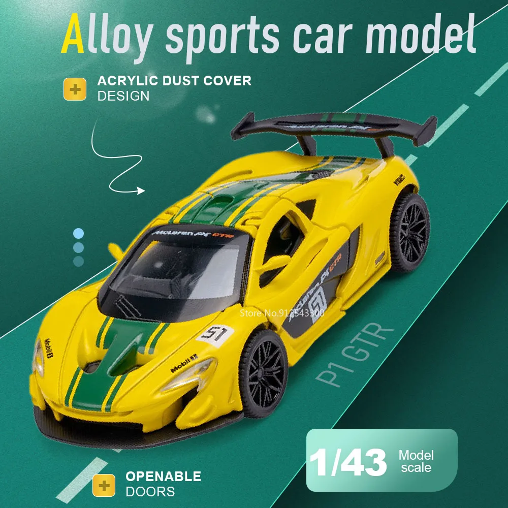 

1:43 Scale P1 GTR V12 Sports Car Mode Toy Metal Body Rubber Tires Doors Opened Miniature Supercar Models Kids Festival Gifts
